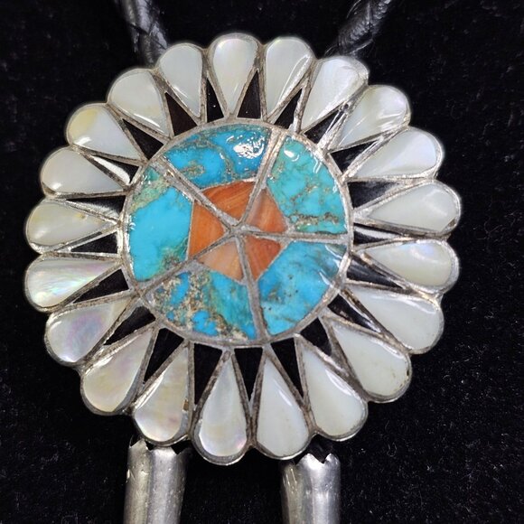 Zuni Sunface Inlay Turquoise Mother of PearlBolo Tie With Sterling Silver Tips - Picture 3 of 10